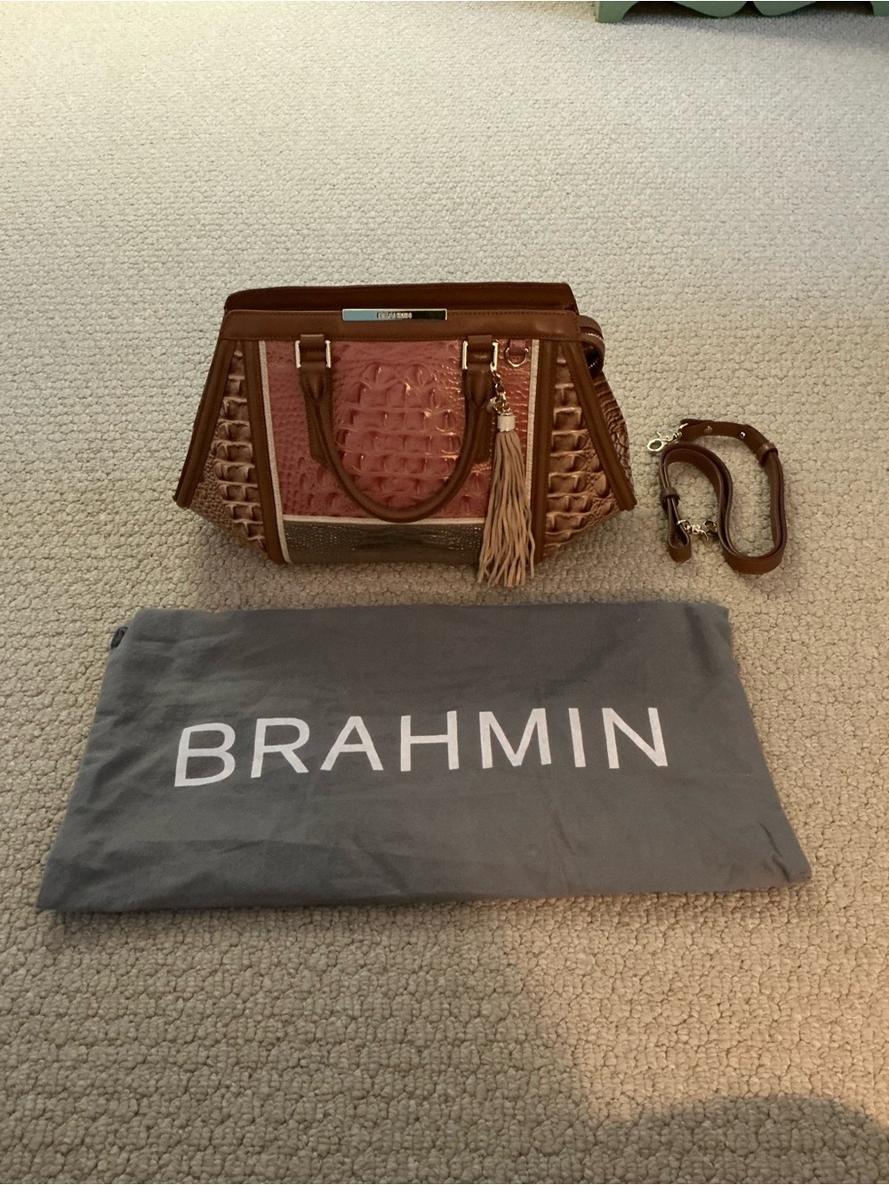 Brahmin Tan and Blush Embossed Leather Arden Satchel with Tassel